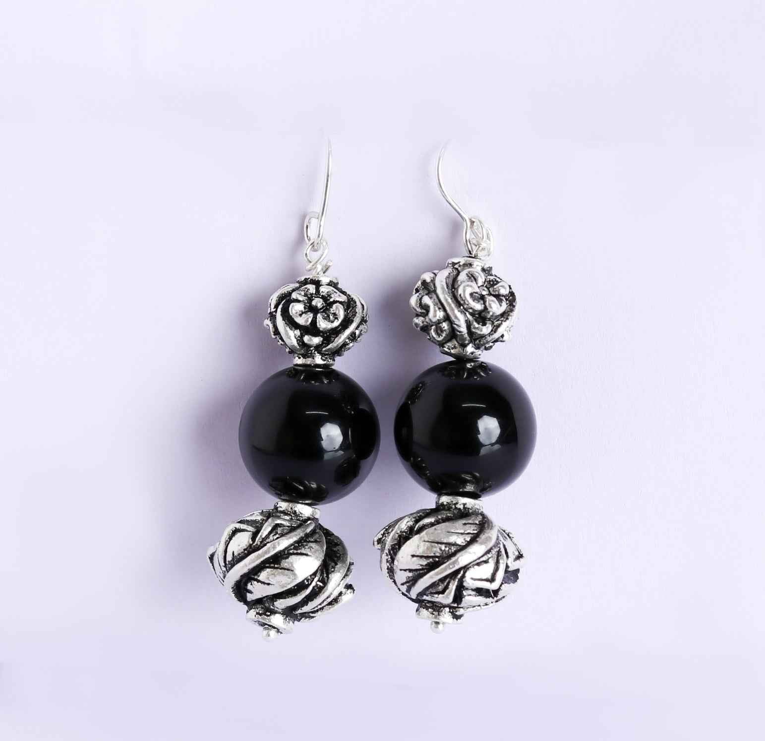 Sterling Silver Carved Beads Onyx Earrings Handmade Indo Western Everyday Wear