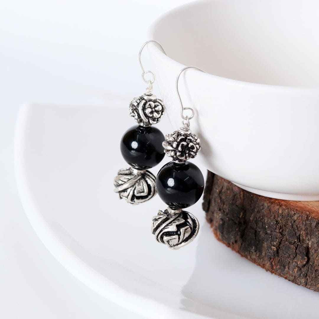 Sterling Silver Carved Beads Onyx Earrings Handmade Indo Western Everyday Wear