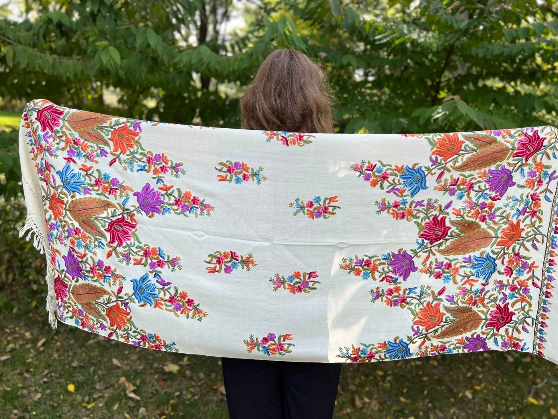 Limited Edition White Floral Hand Embroidered Wool Shawl