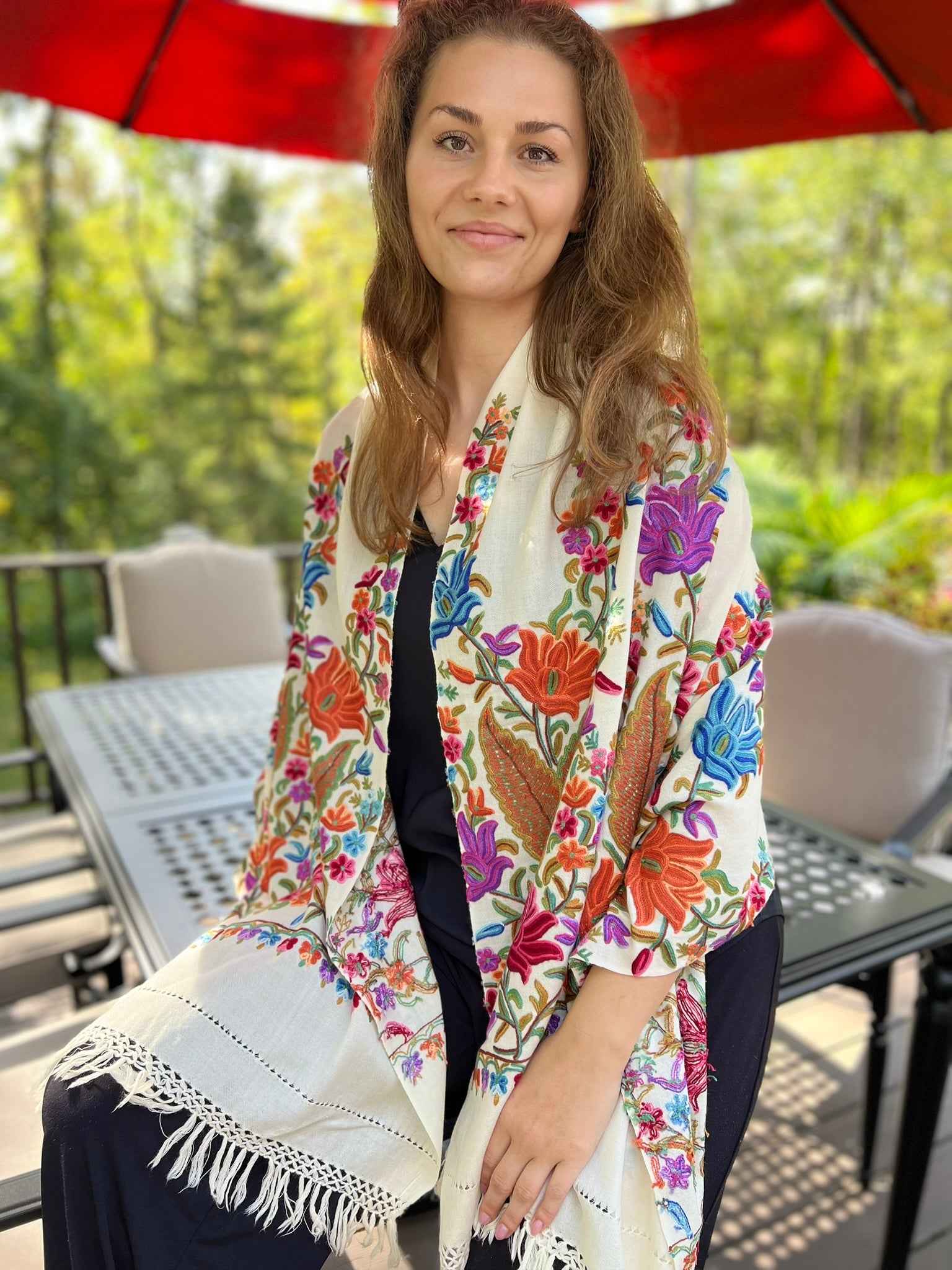 Limited Edition White Floral Hand Embroidered Wool Shawl