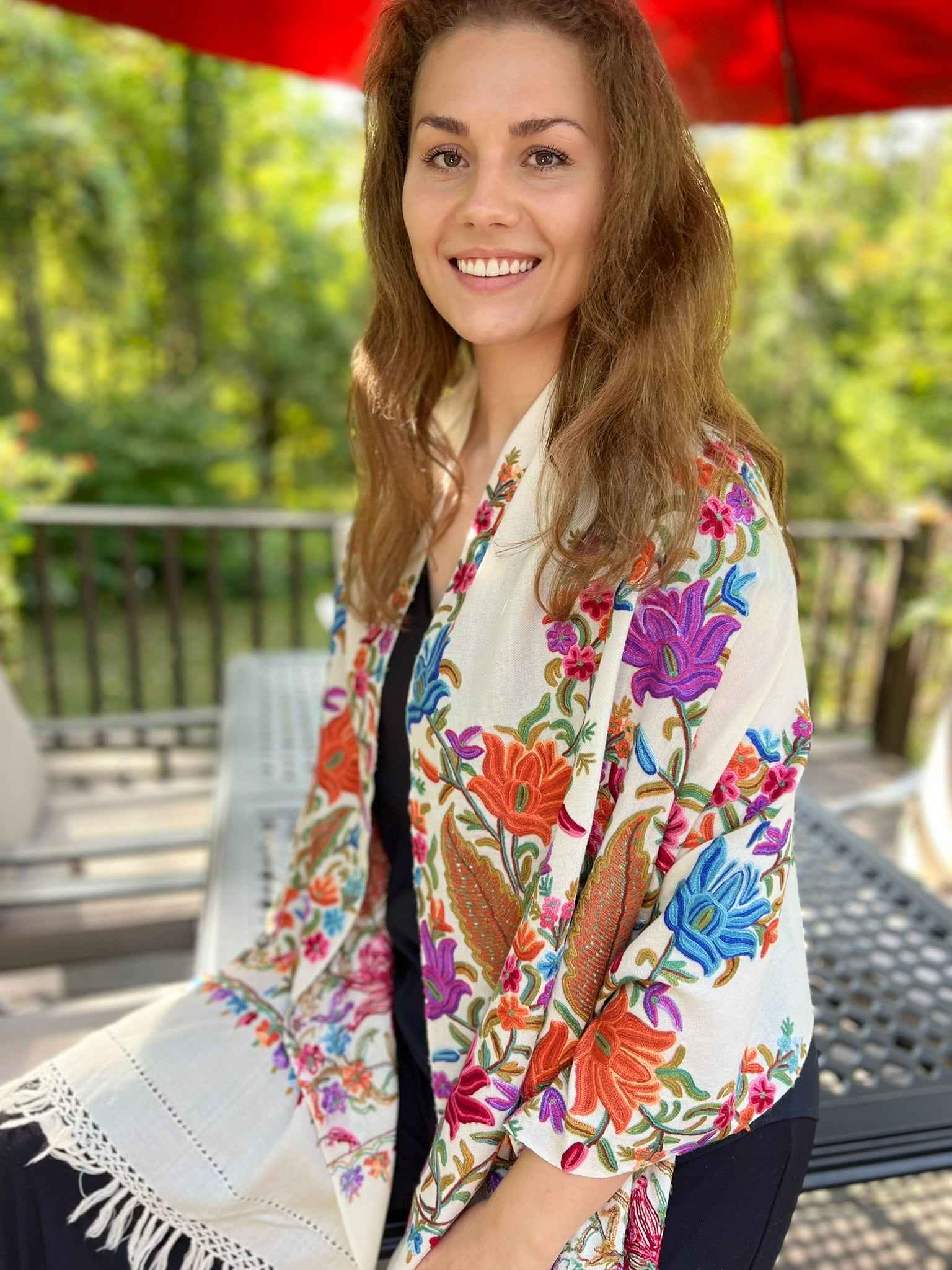 Limited Edition White Floral Hand Embroidered Wool Shawl