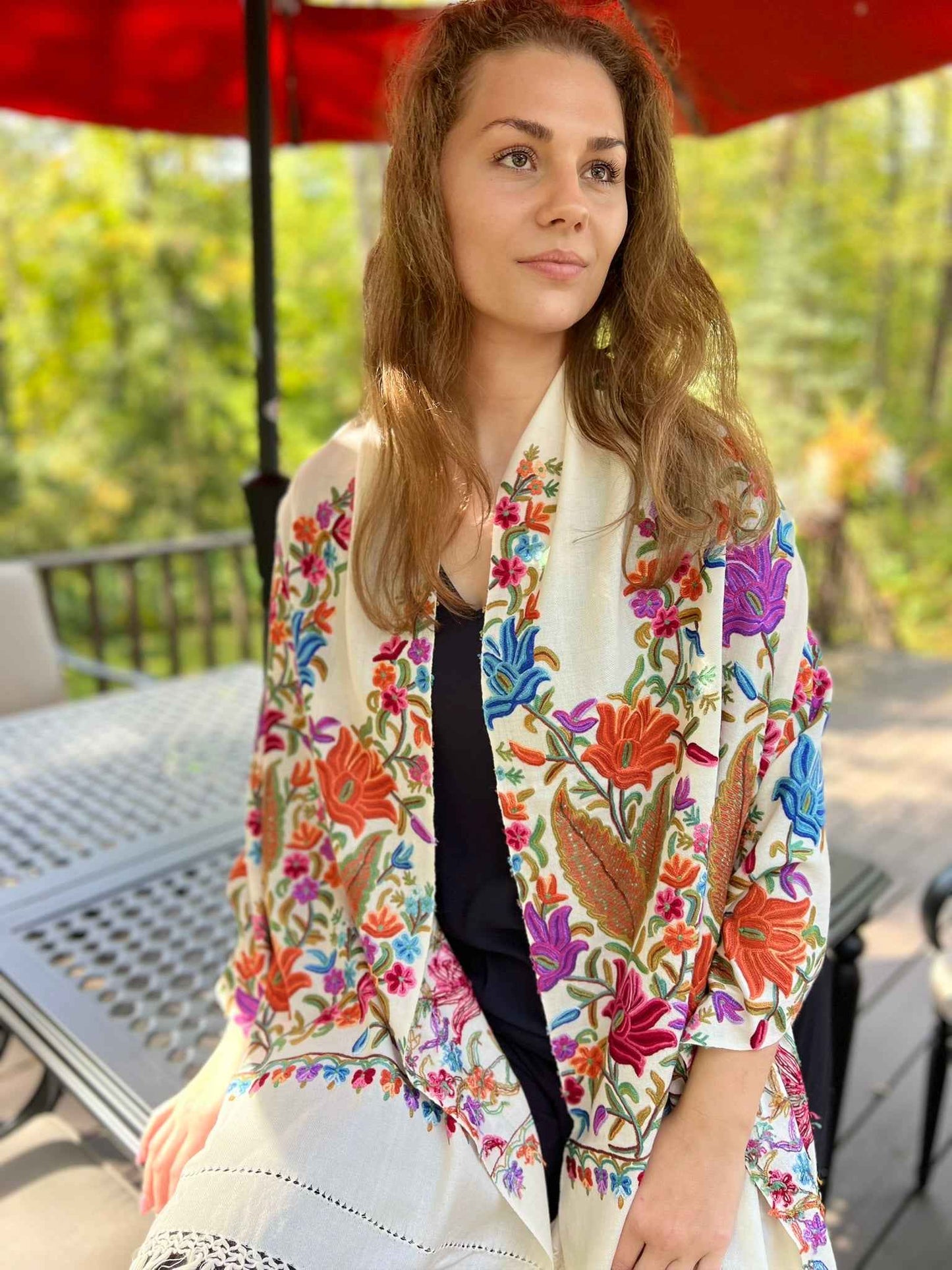 Limited Edition White Floral Hand Embroidered Wool Shawl