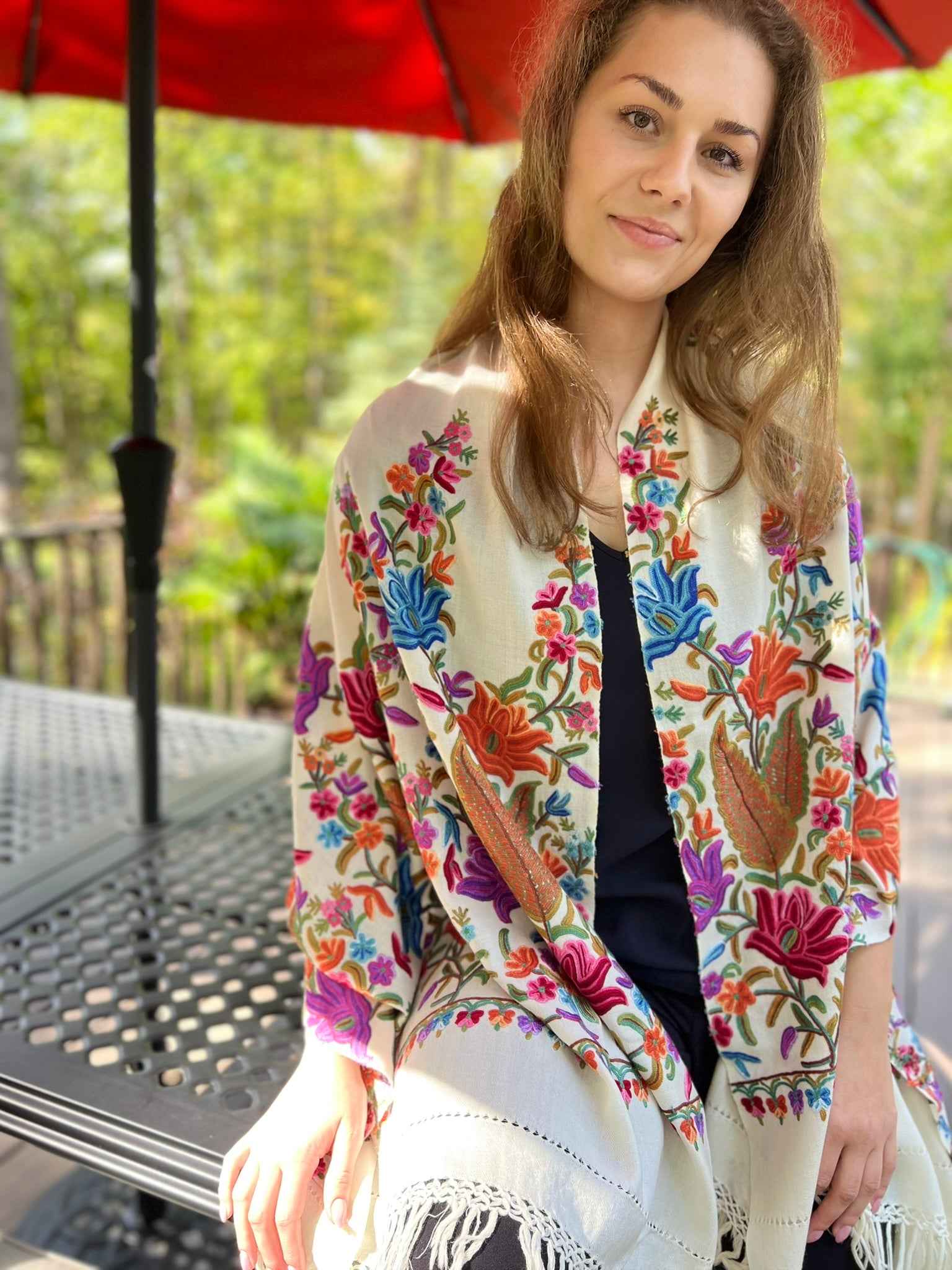 Limited Edition White Floral Hand Embroidered Wool Shawl