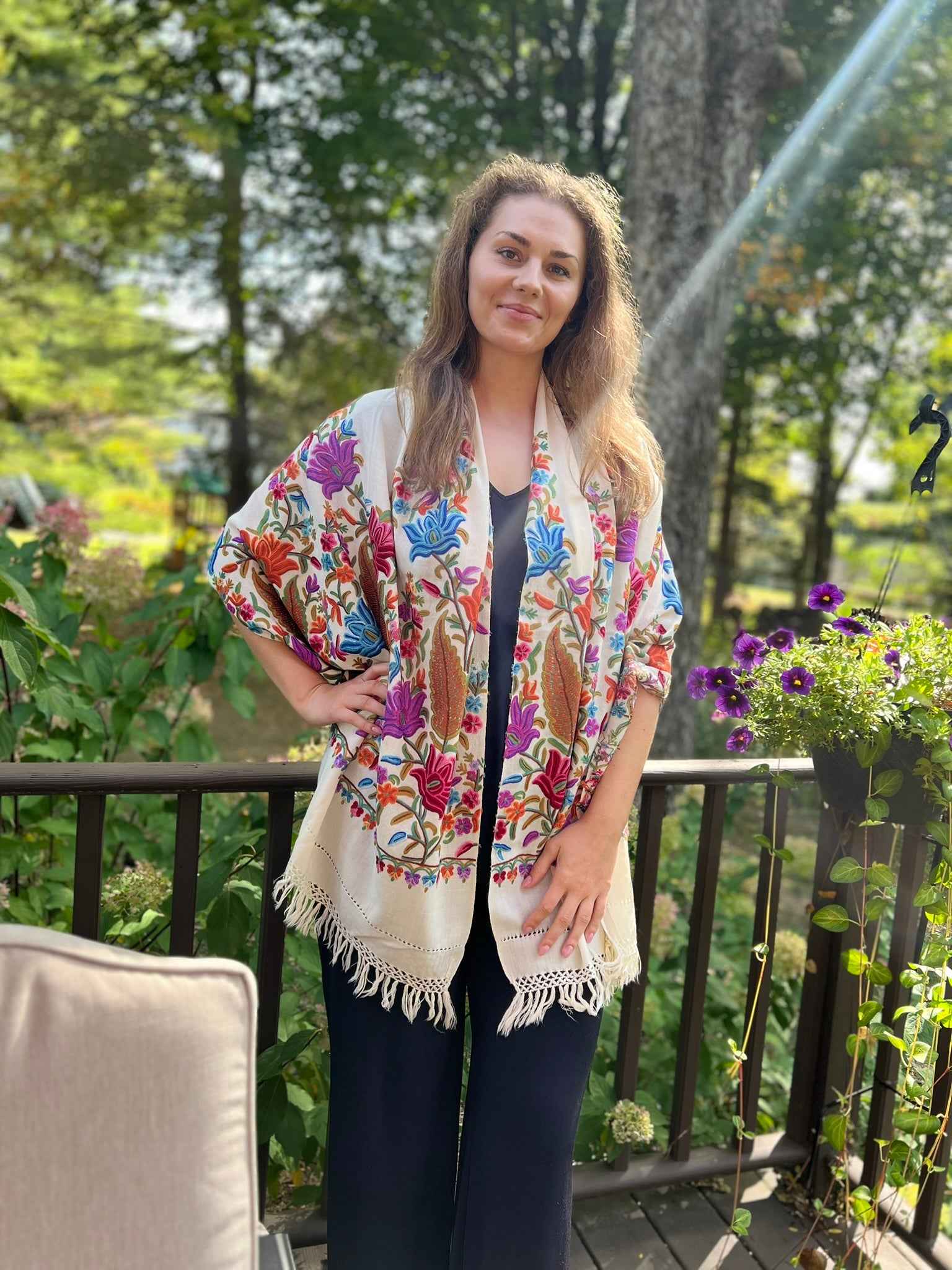 Limited Edition White Floral Hand Embroidered Wool Shawl