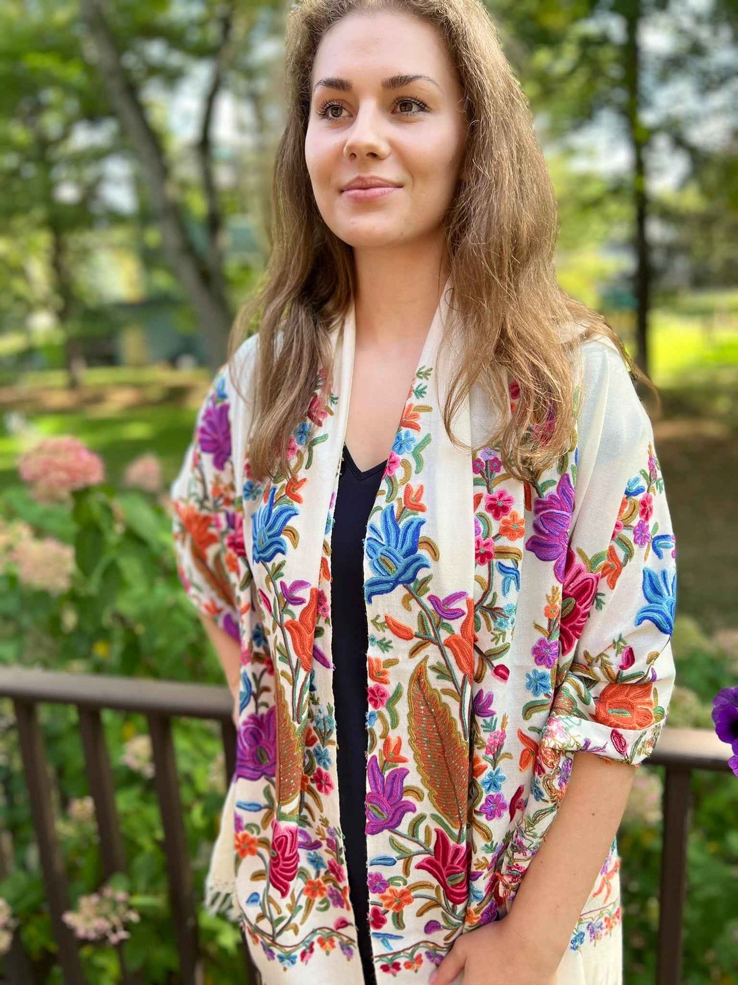Limited Edition White Floral Hand Embroidered Wool Shawl