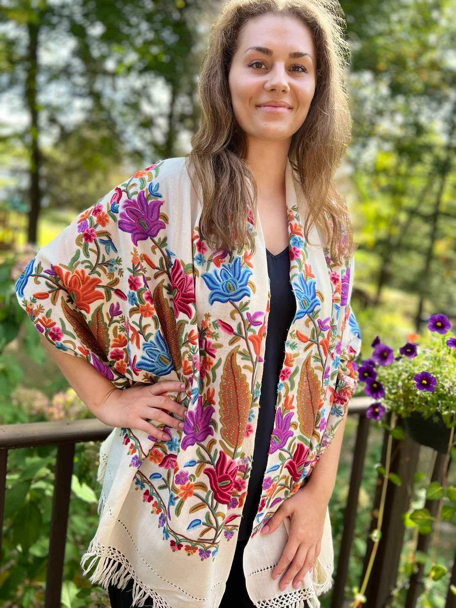 Limited Edition White Floral Hand Embroidered Wool Shawl