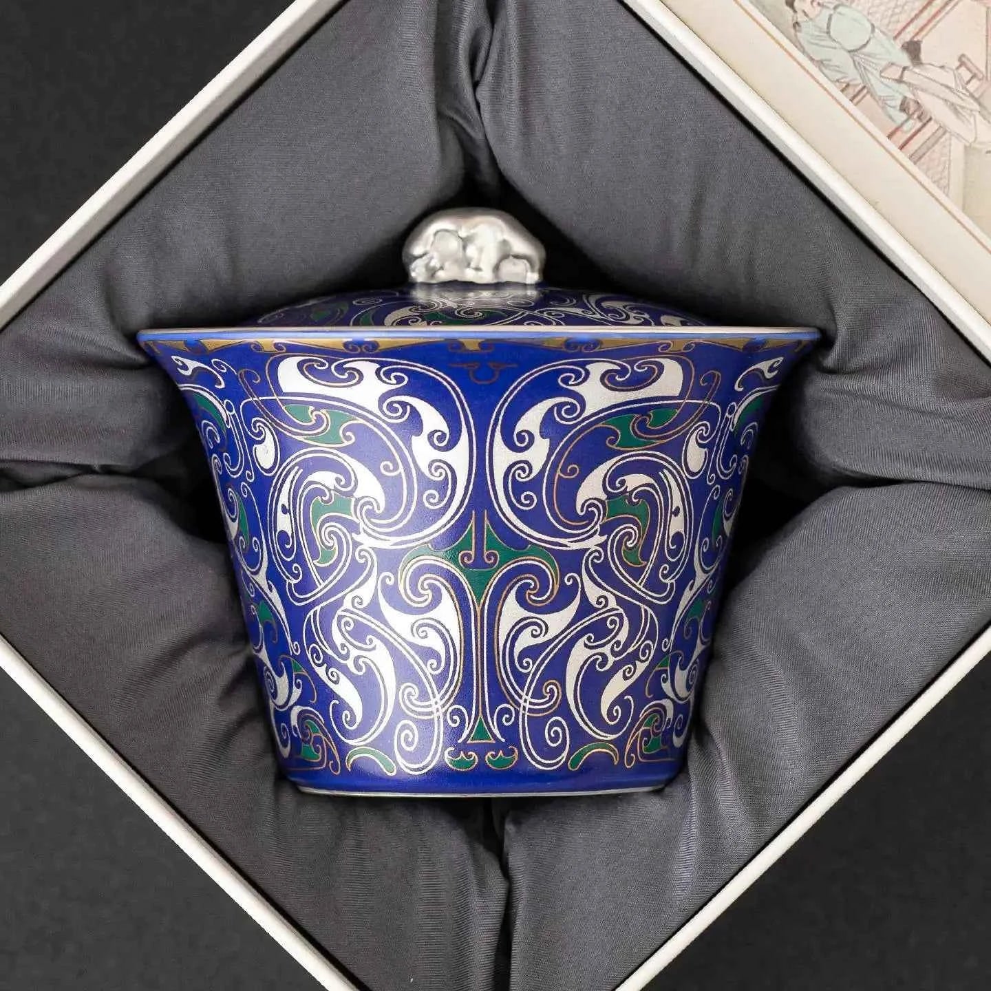 Imperial Blue Silver Filigree Gaiwan & Saucer Set | Handcrafted Porcelain Tea Ceremony Gift