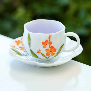 Hand-Painted Orange Blossom Porcelain Teacup & Saucer Set – Artistic Floral Ceramic Cup for Tea or Coffee