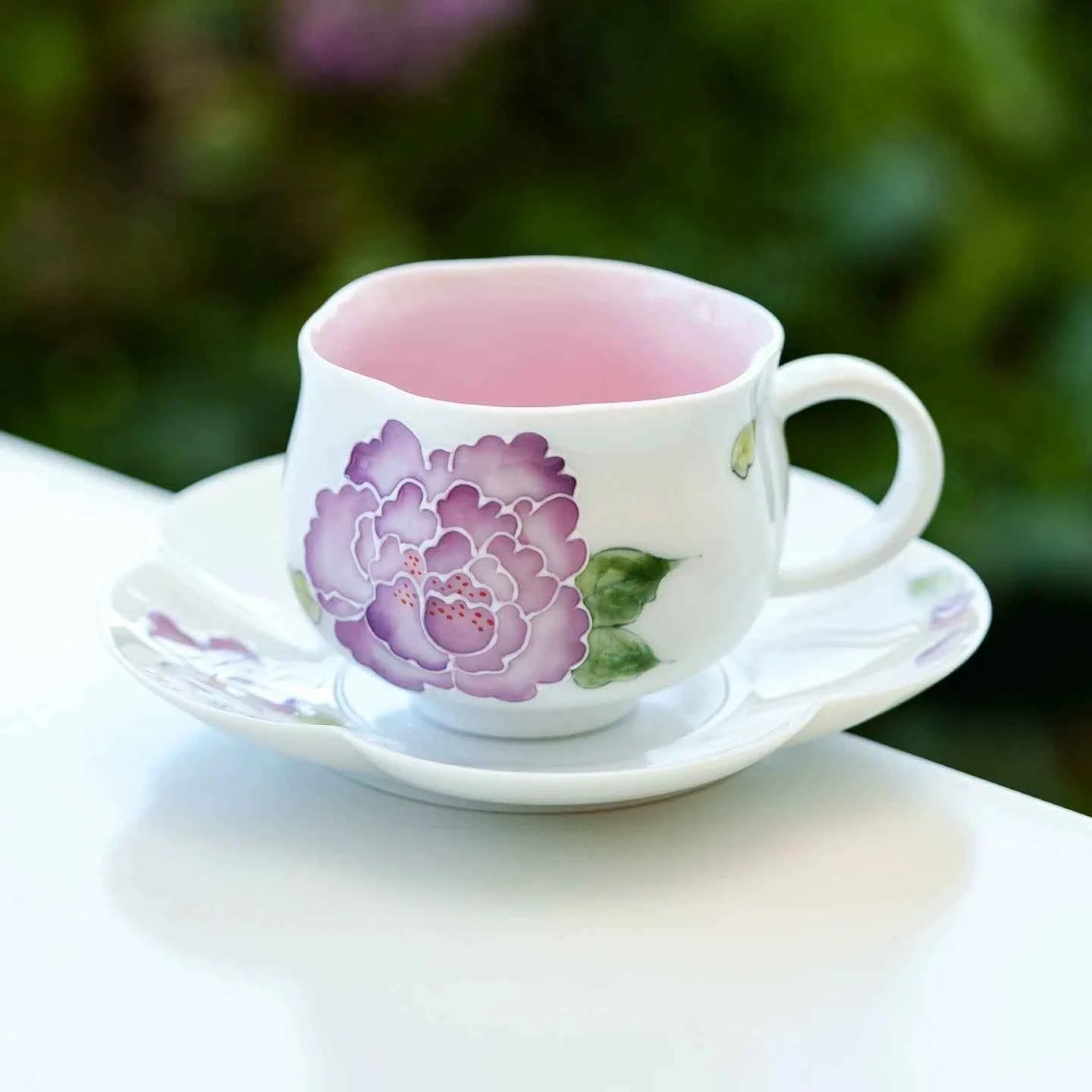 Hand-Painted Purple Peony Porcelain Teacup & Saucer Set – Elegant Floral Ceramic Cup for Tea or Coffee