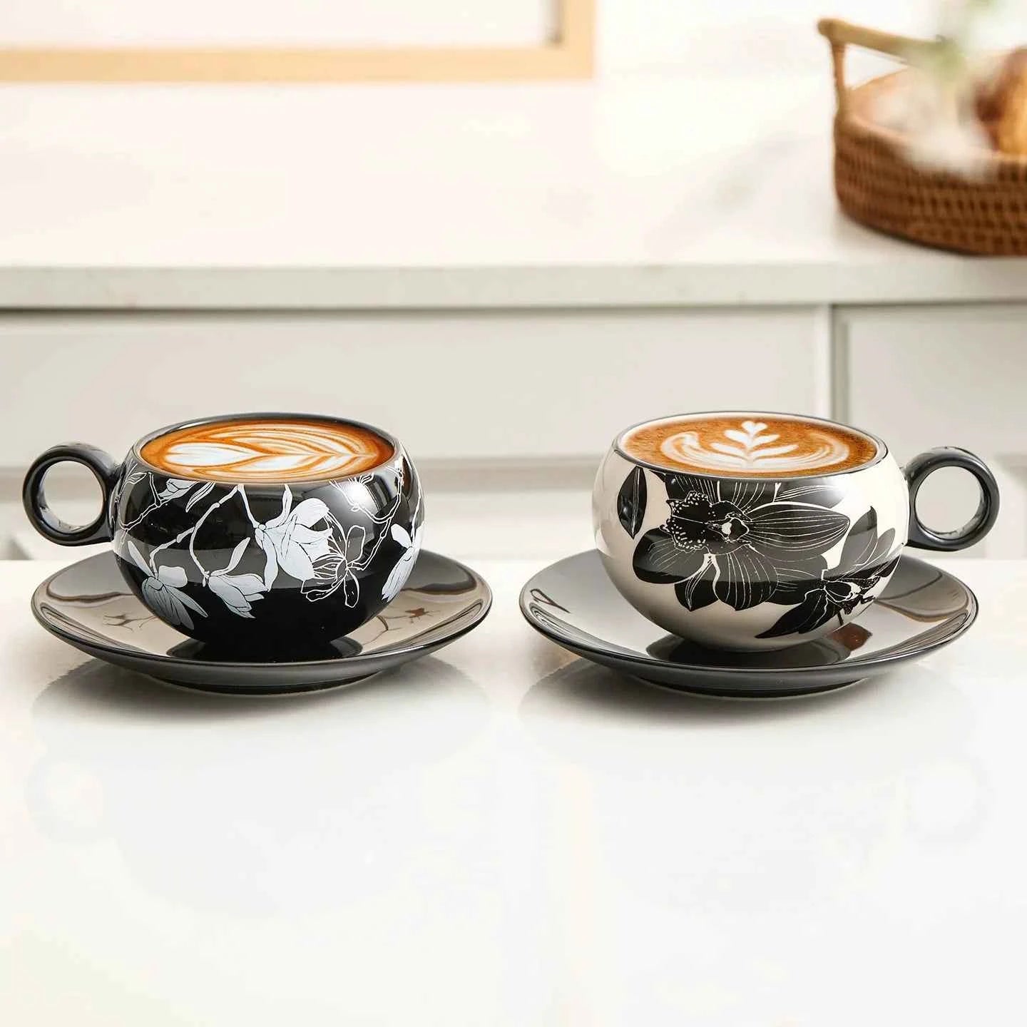 Peony Porcelain Coffee Cup & Saucer Set — Elegance in Black and White
