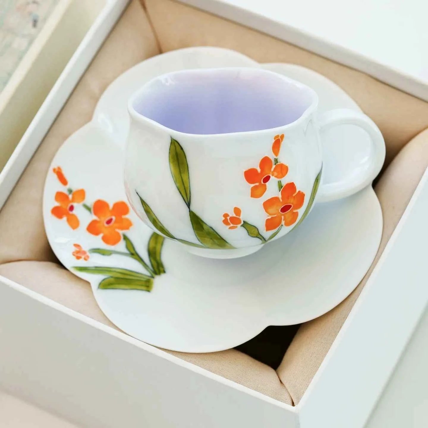 Hand-Painted Orange Blossom Porcelain Teacup & Saucer Set – Artistic Floral Ceramic Cup for Tea or Coffee