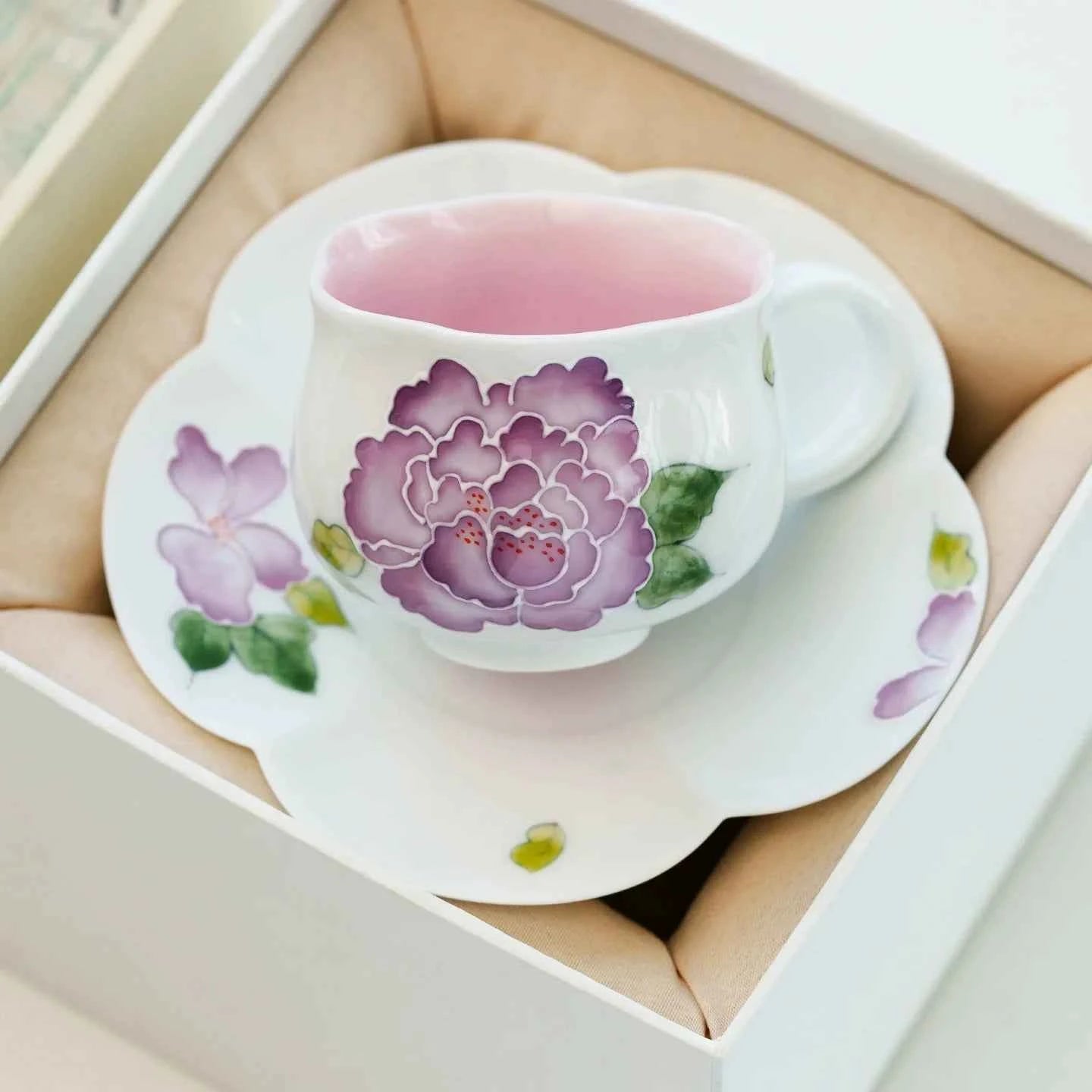 Hand-Painted Purple Peony Porcelain Teacup & Saucer Set – Elegant Floral Ceramic Cup for Tea or Coffee