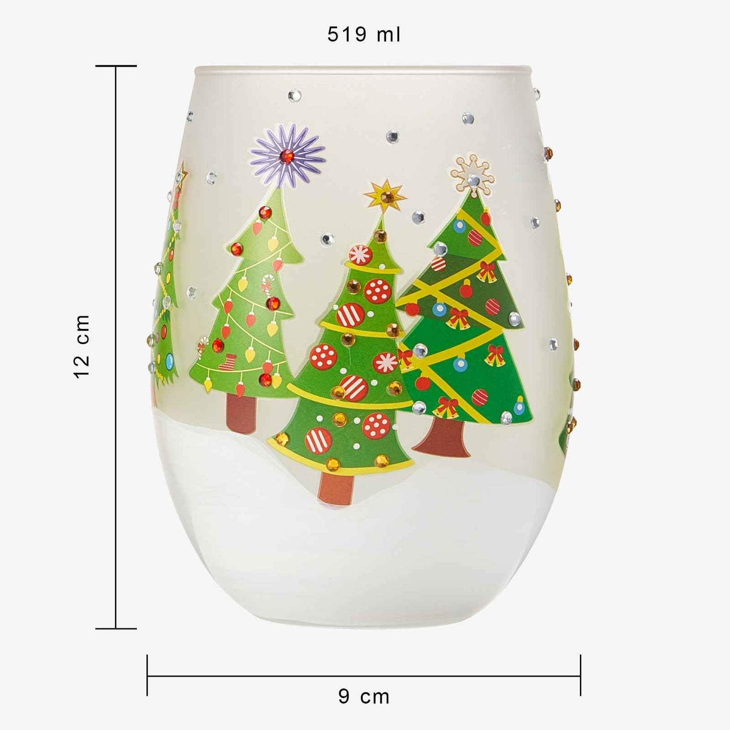 Christmas Tree Holiday Themed Wine & Water Glasses - Set of 2 - Shining Red Green Yellow Silver, Holidays Parties Santa Gifts Glassware - Xmas Trees - 17.5oz - New years Eve Festive Glass - Stemless