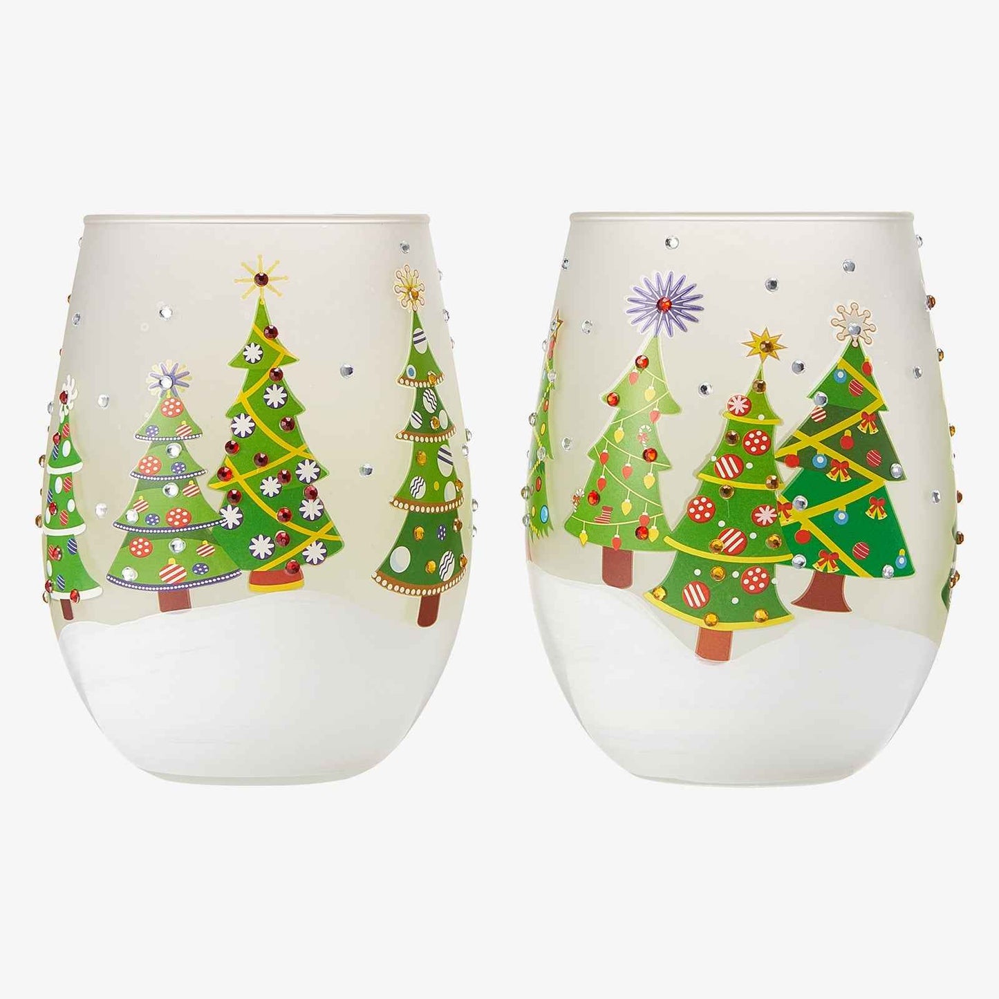 Christmas Tree Holiday Themed Wine & Water Glasses - Set of 2 - Shining Red Green Yellow Silver, Holidays Parties Santa Gifts Glassware - Xmas Trees - 17.5oz - New years Eve Festive Glass - Stemless