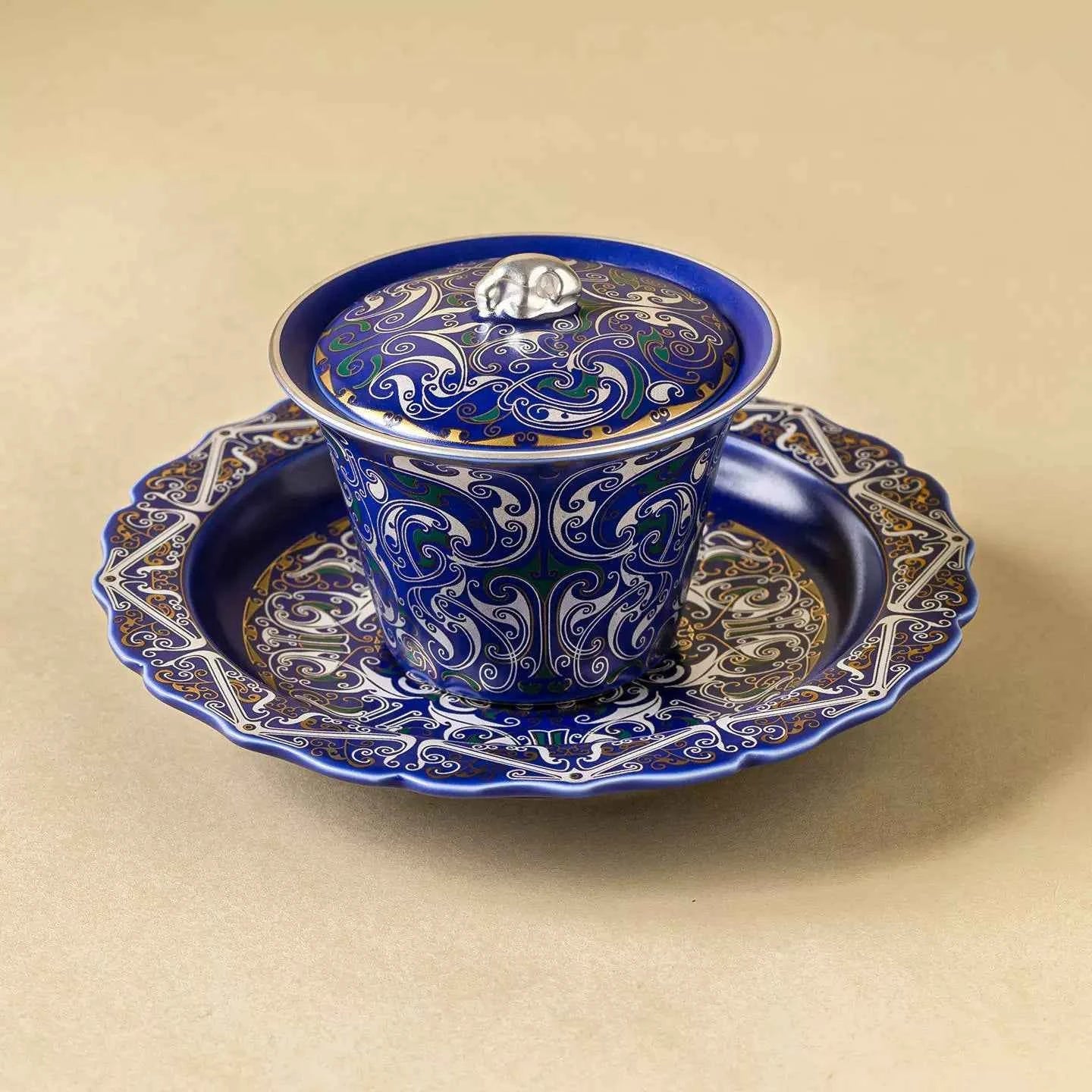 Imperial Blue Silver Filigree Gaiwan & Saucer Set | Handcrafted Porcelain Tea Ceremony Gift