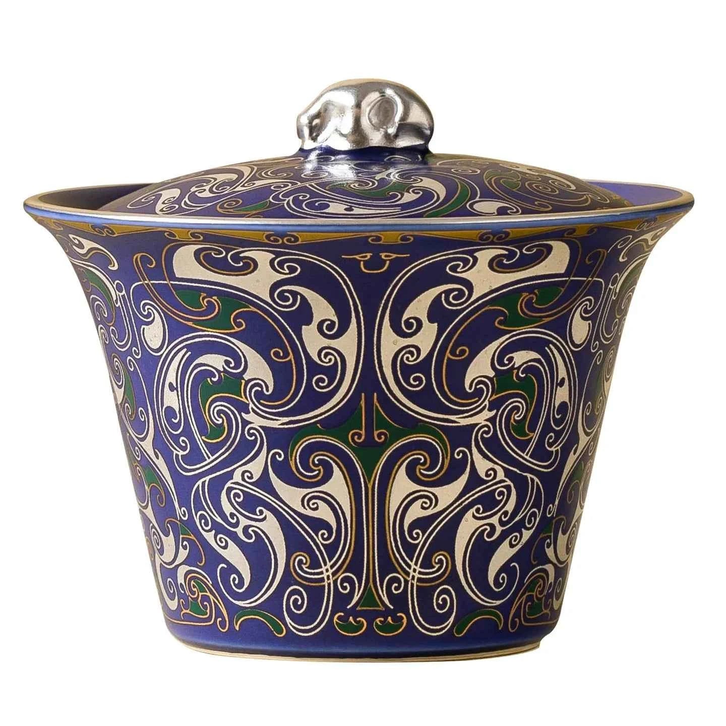 Imperial Blue Silver Filigree Gaiwan & Saucer Set | Handcrafted Porcelain Tea Ceremony Gift