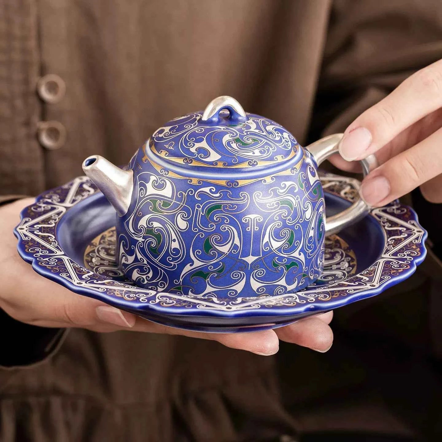999 Silver Filigree Porcelain Teapot & Saucer Gift Set — Imperial Blue Collection