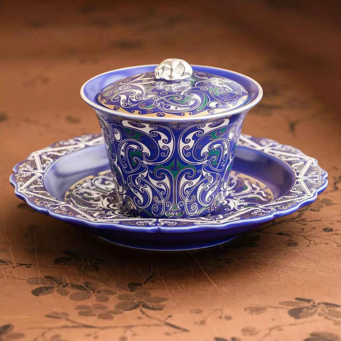 Imperial Blue Silver Filigree Gaiwan & Saucer Set | Handcrafted Porcelain Tea Ceremony Gift