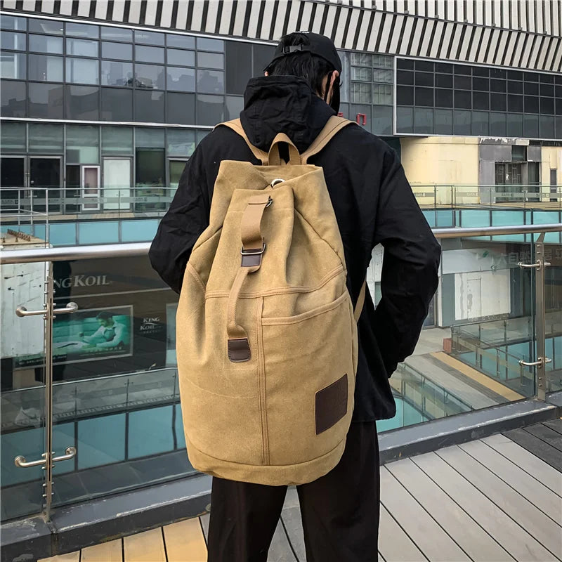 Khaki Canvas Travel Backpack With Bucket Design Capacity - Rosetta Creative Boutique
