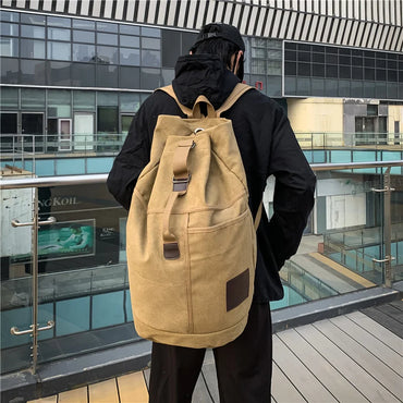 Khaki Canvas Travel Backpack With Bucket Design Capacity - Rosetta Creative Boutique