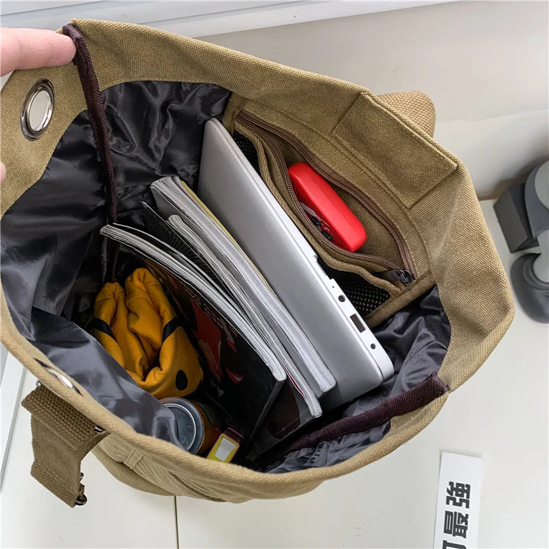 Khaki Canvas Travel Backpack With Bucket Design Capacity - Rosetta Creative Boutique