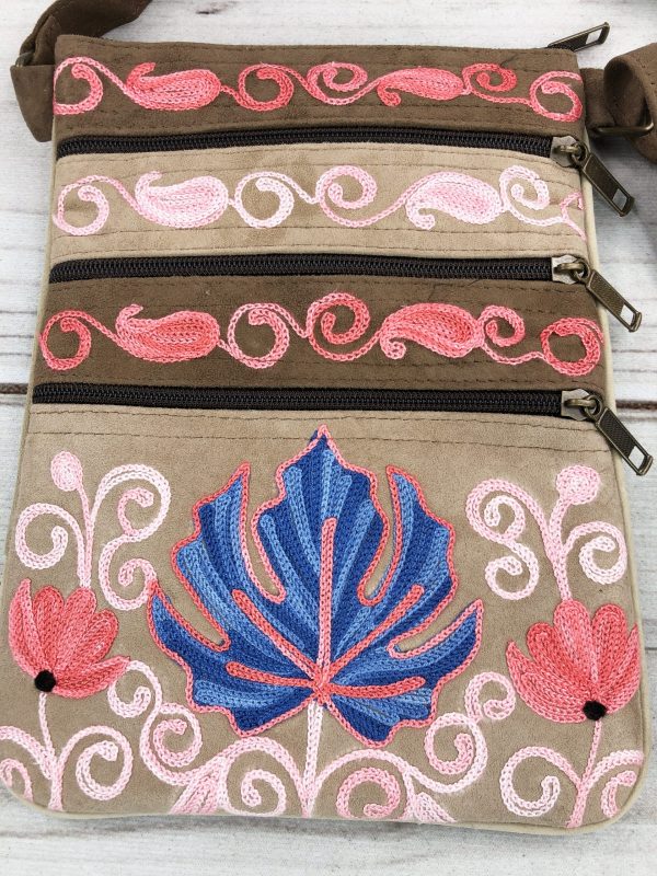 Taupe Blue Suede Embroidered Crossbody Bag Five Zippered Pockets Handmade Eco Friendly - Rosetta Creative Boutique