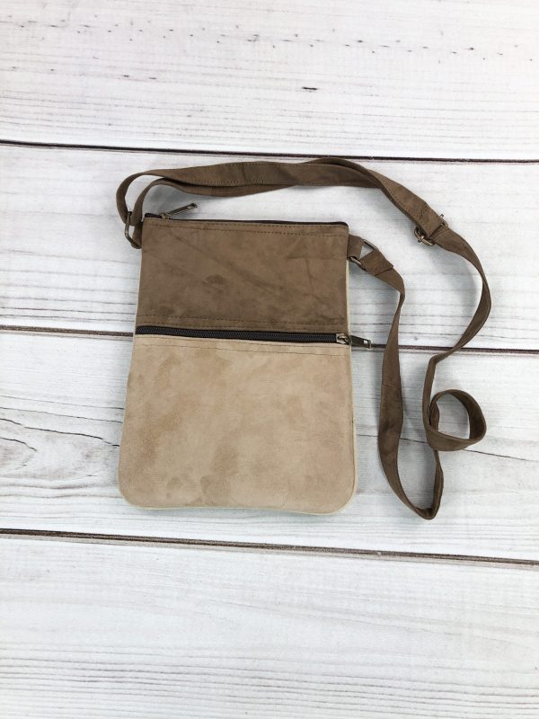 Taupe Blue Suede Embroidered Crossbody Bag Five Zippered Pockets Handmade Eco Friendly - Rosetta Creative Boutique