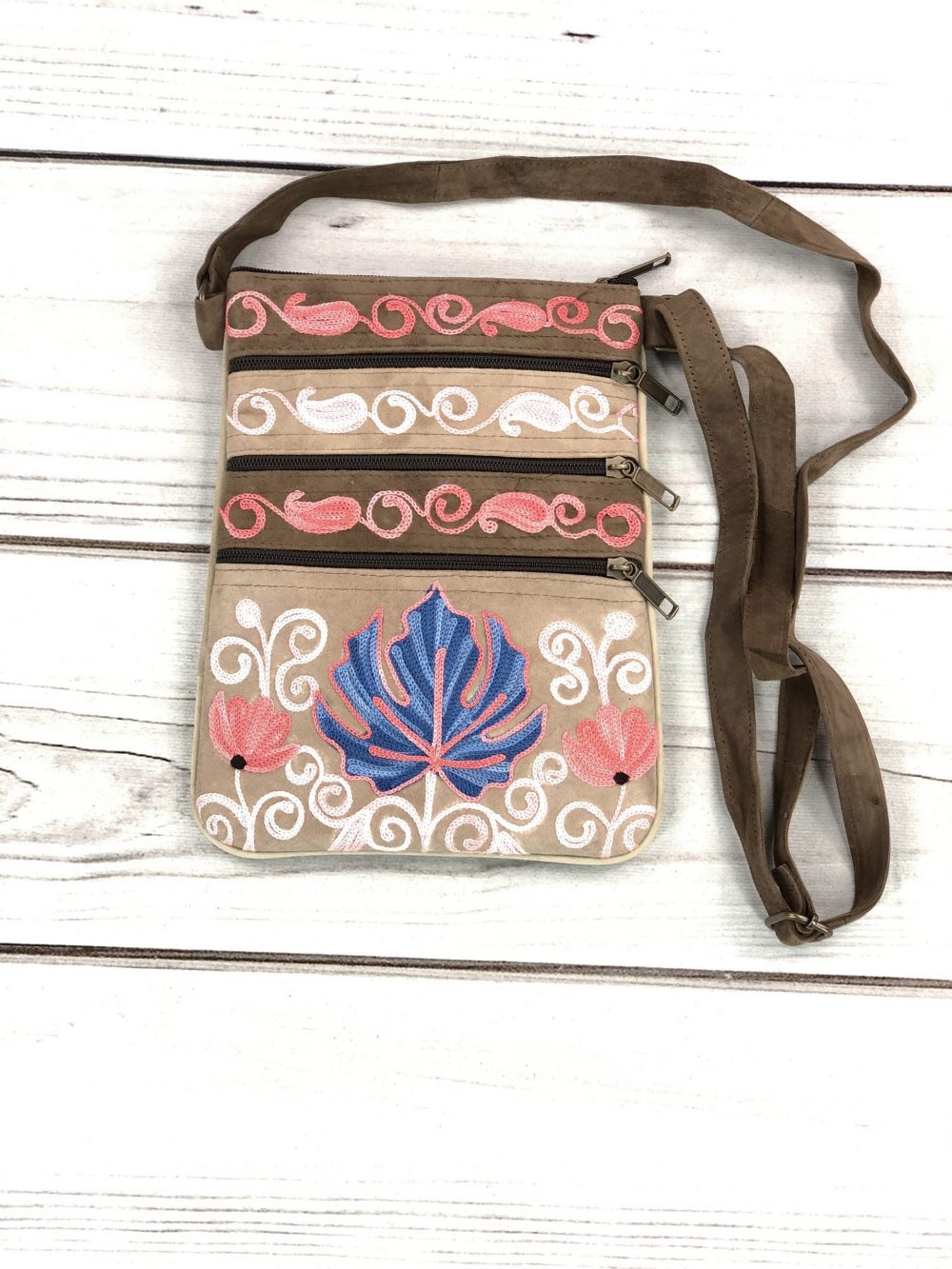 Taupe Blue Suede Embroidered Crossbody Bag Five Zippered Pockets Handmade Eco Friendly - Rosetta Creative Boutique