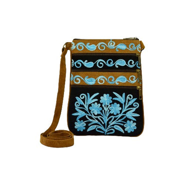 Embroidered Blue Black Suede Cross Body Bag With Adjustable Strap & 5 Zip Pockets - Rosetta Creative Boutique