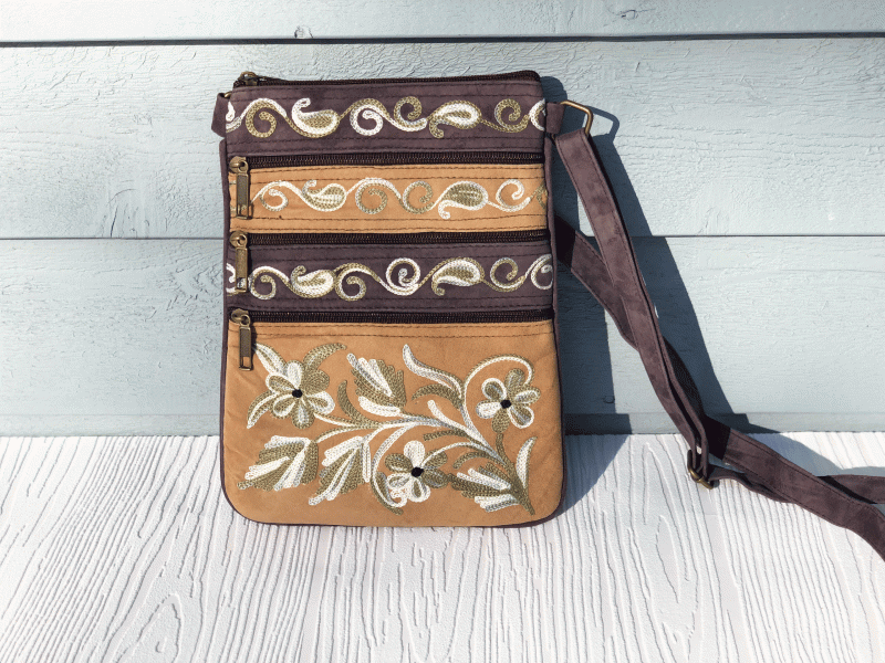 Suede Embroidered Crossbody Bag Five Zippered Pockets - Rosetta Creative Boutique
