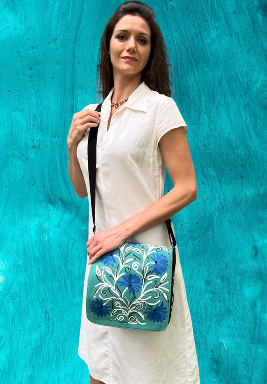 Handmade Blue And Green Suede Embroidered Messenger Bag - Rosetta Creative Boutique
