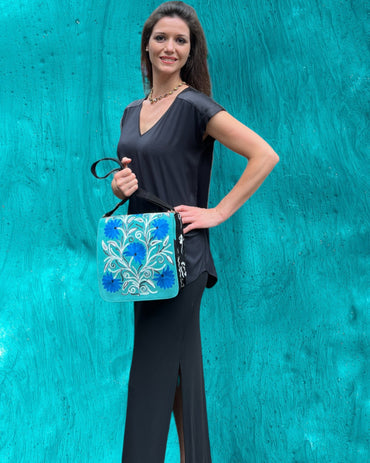 Handmade Blue And Green Suede Embroidered Messenger Bag - Rosetta Creative Boutique