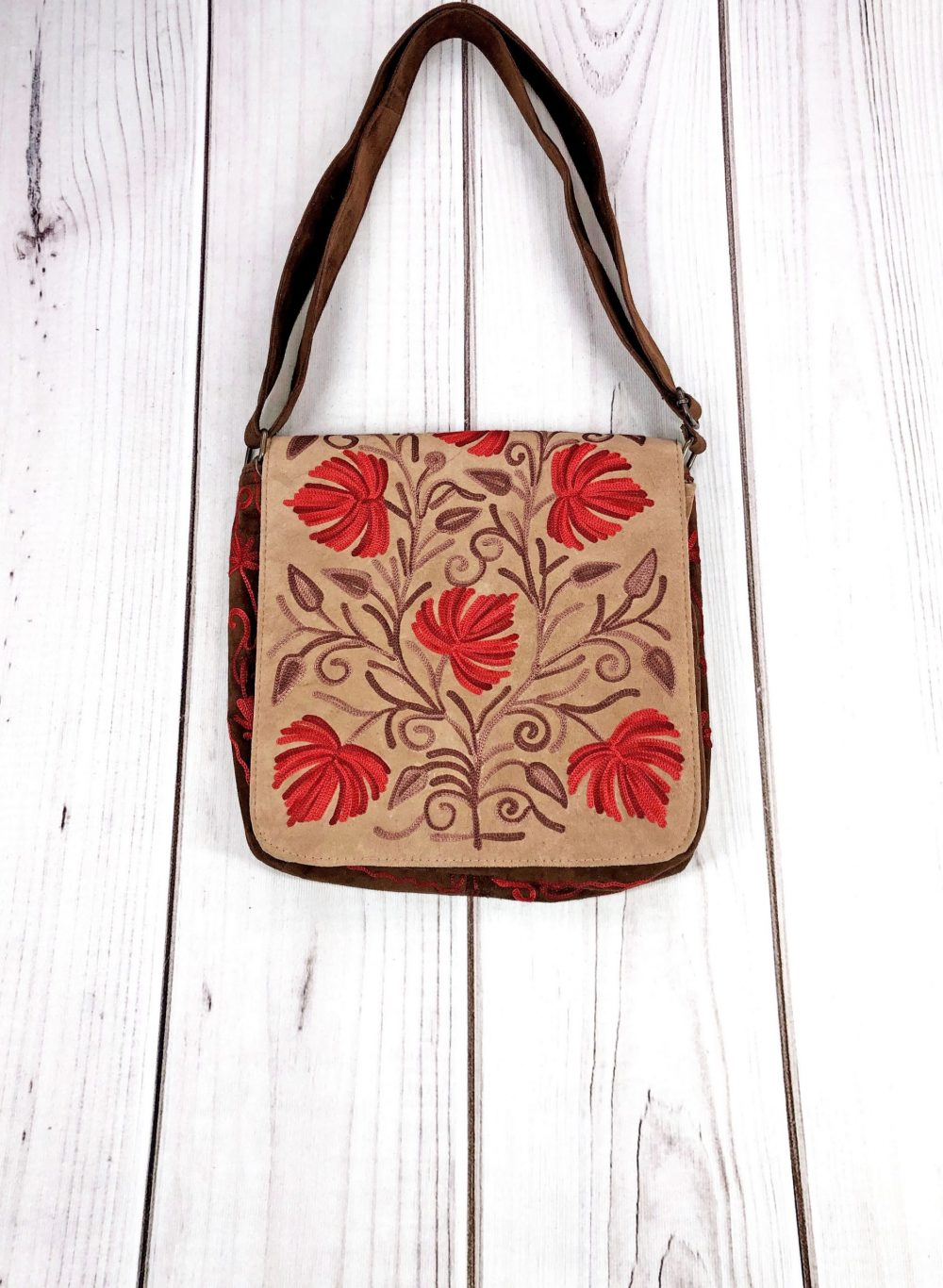 Handmade Beige and Red Suede Embroidered Messenger Bag - Rosetta Creative Boutique