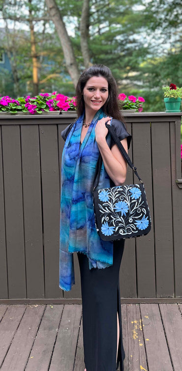 Handmade Blue Black Suede Embroidered Messenger Bag Boho Style Large - Rosetta Creative Boutique