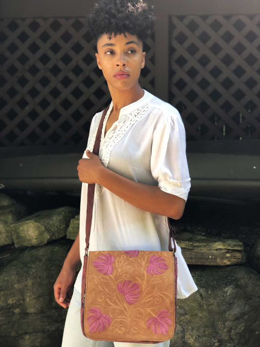 Handmade Beige and Mauve Suede Embroidered Messenger Bag - Rosetta Creative Boutique