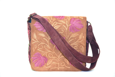Handmade Beige and Mauve Suede Embroidered Messenger Bag - Rosetta Creative Boutique