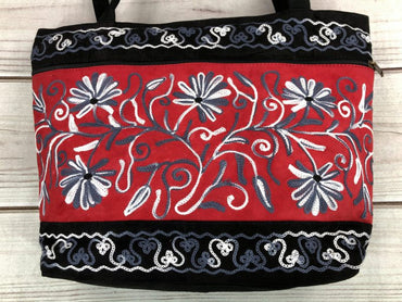 Handmade Red Black Suede Embroidered Tote Bag Luxury Florals - Rosetta Creative Boutique