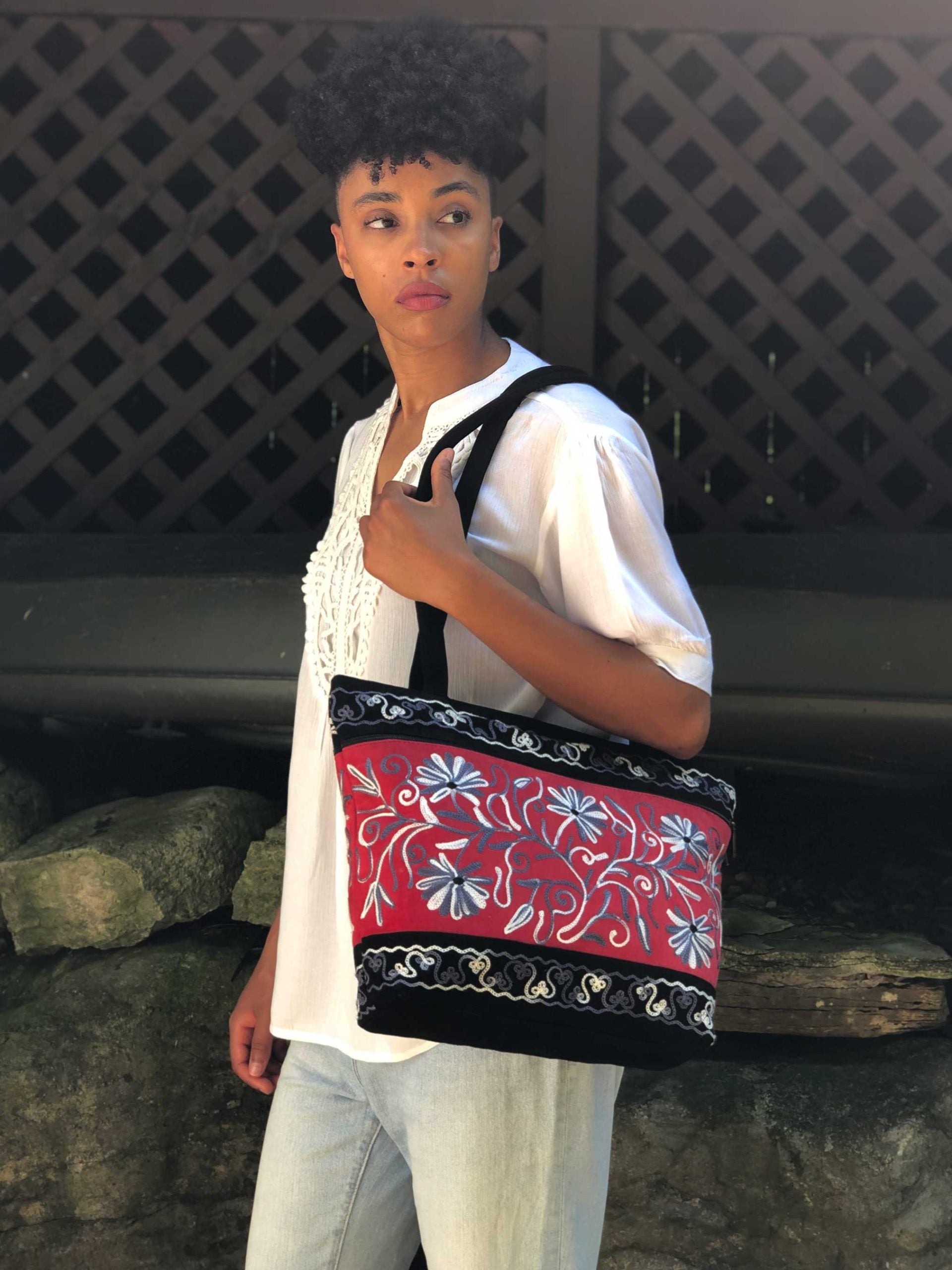 Handmade Red Black Suede Embroidered Tote Bag Luxury Florals - Rosetta Creative Boutique