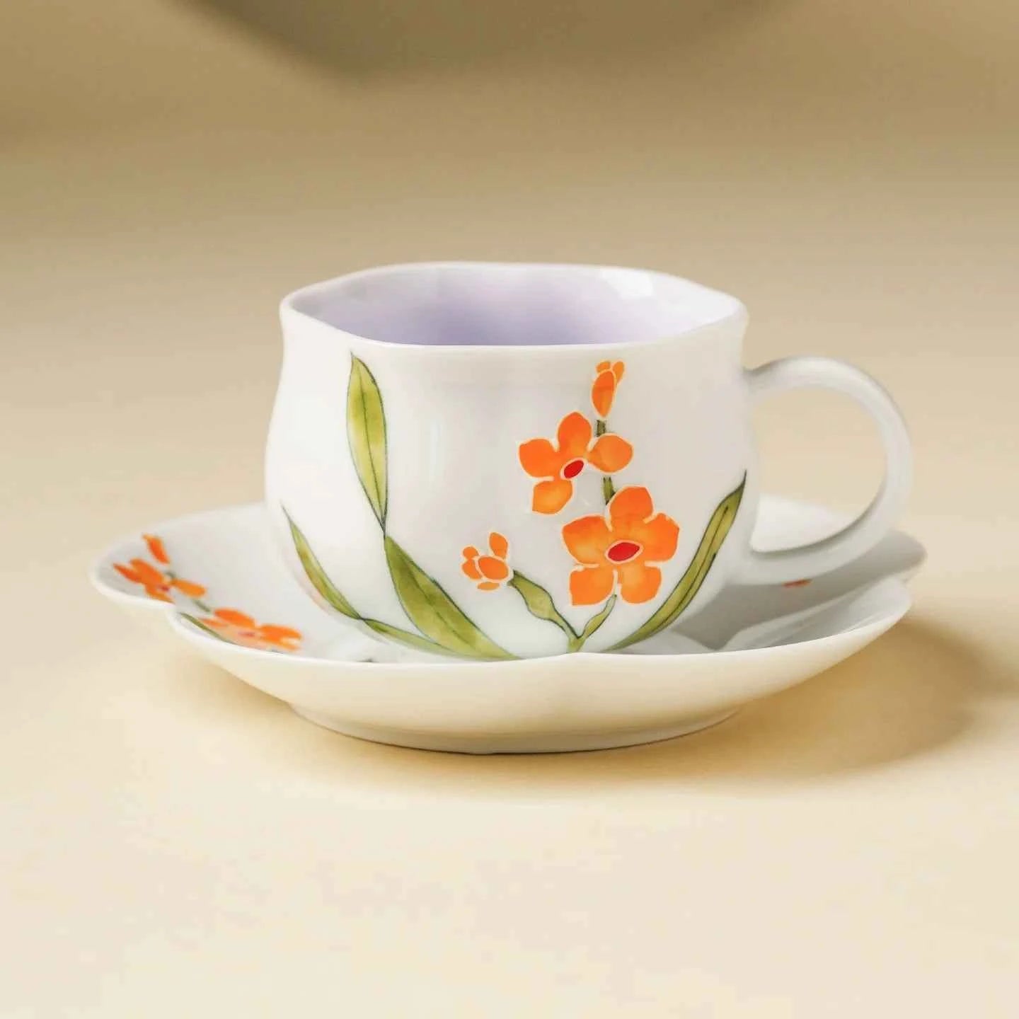 Hand-Painted Orange Blossom Porcelain Teacup & Saucer Set – Artistic Floral Ceramic Cup for Tea or Coffee