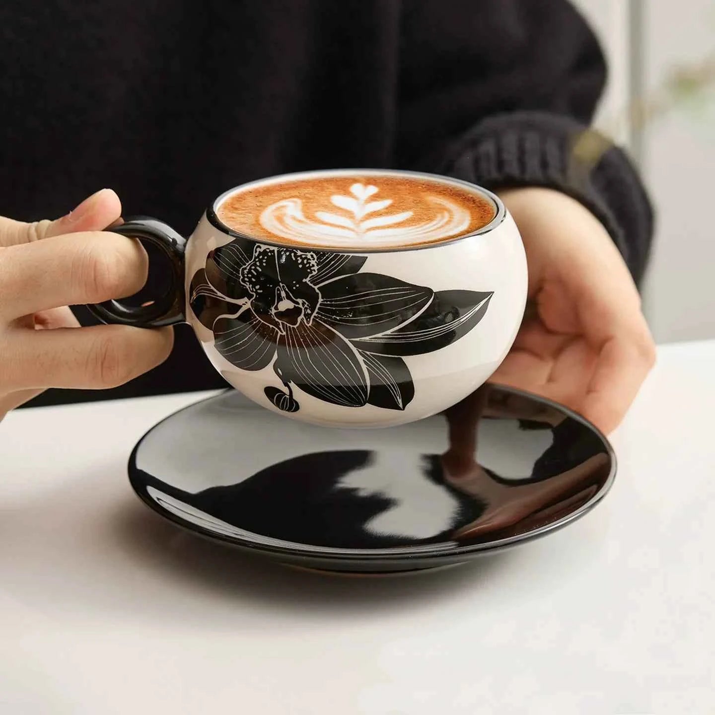 Peony Porcelain Coffee Cup & Saucer Set — Elegance in Black and White