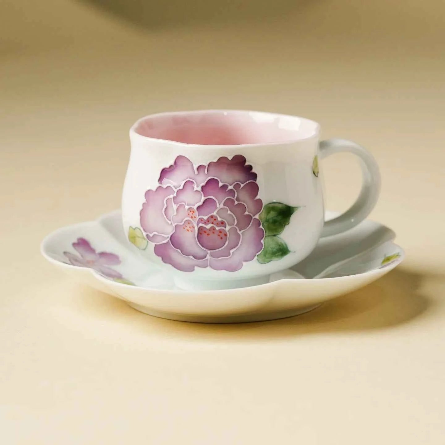Hand-Painted Purple Peony Porcelain Teacup & Saucer Set – Elegant Floral Ceramic Cup for Tea or Coffee