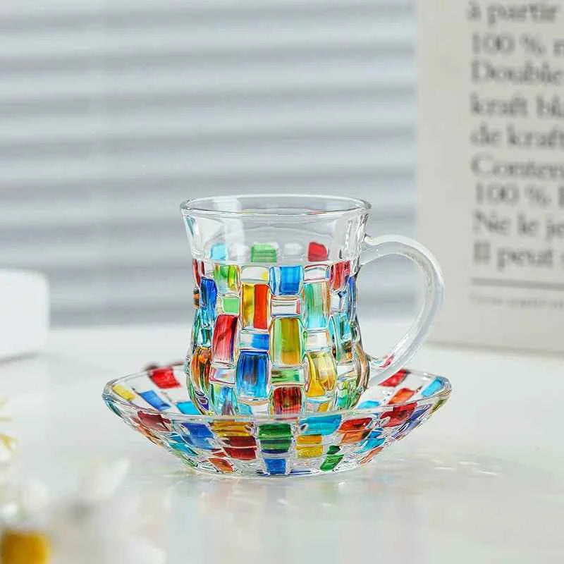 Retro Hand-Painted Colored Glass Cup with Handle & Saucer – Coffee & Tea Mug