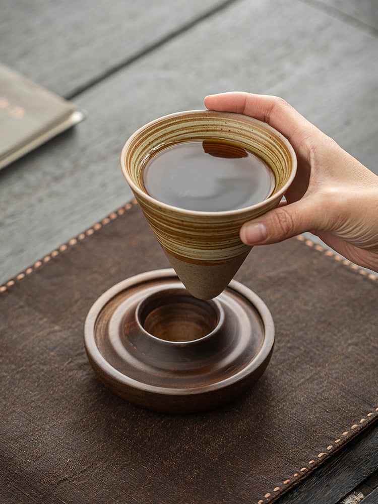 Handmade Cone Ceramic Mug with Wooden Saucer – Retro Stoneware Cup for Coffee & Tea