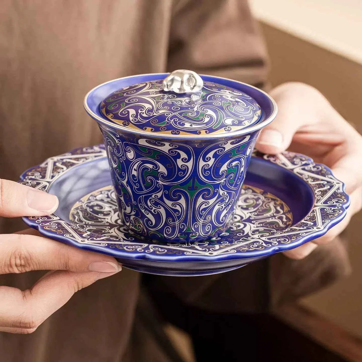 Imperial Blue Silver Filigree Gaiwan & Saucer Set | Handcrafted Porcelain Tea Ceremony Gift