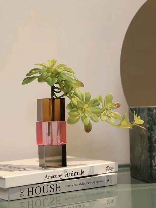 Modern Crystal Cube Bud Vase – Dopamine Rainbow Glass Table Centerpiece