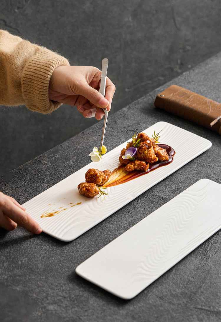Ceramic Rectangular Sushi & Dessert Plate – Water-Pattern Tray in Black or White, 3 Sizes