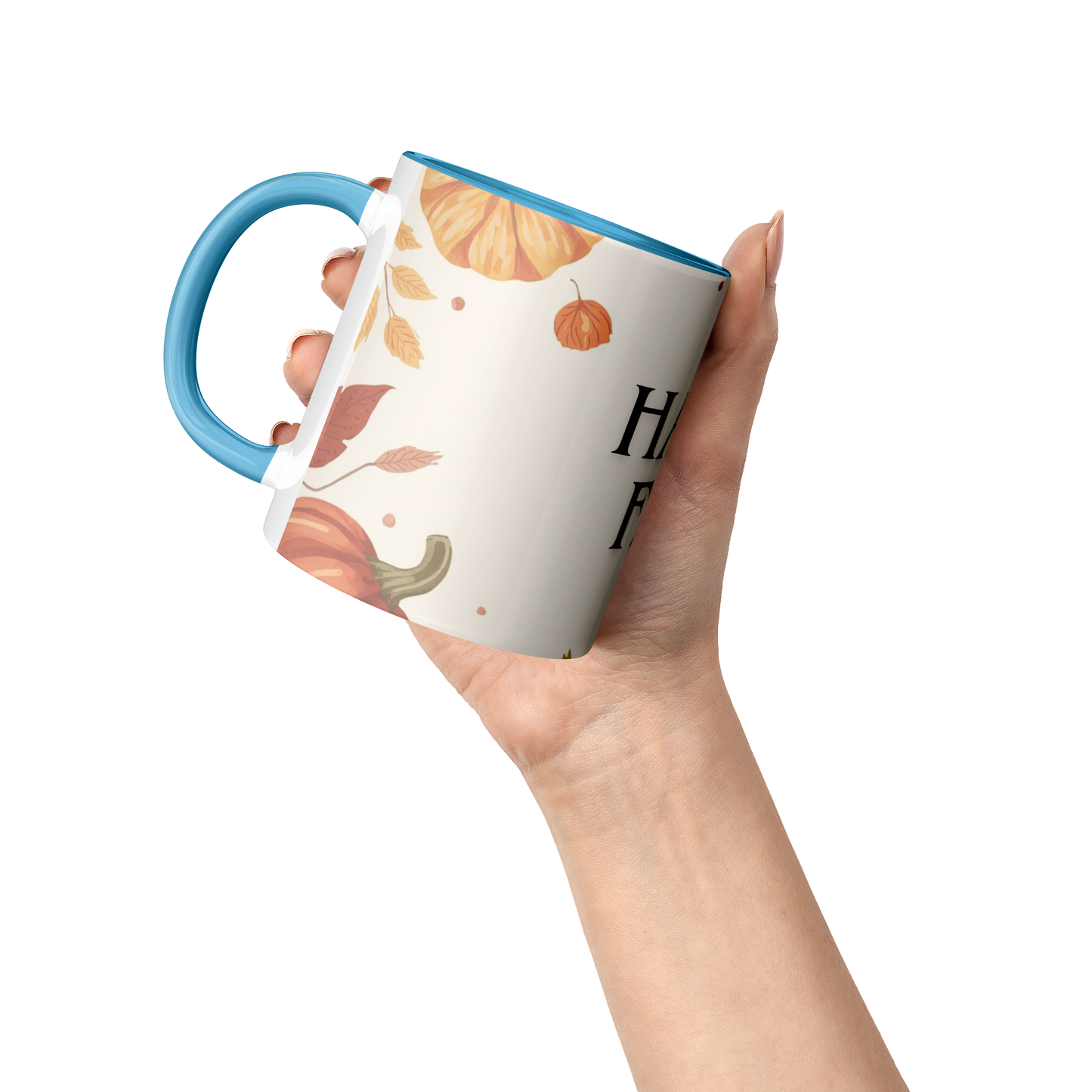Happy_Fall_Mug_Blue_Handle_Lifestyle_Raised_Hand_LH_Mockup.png