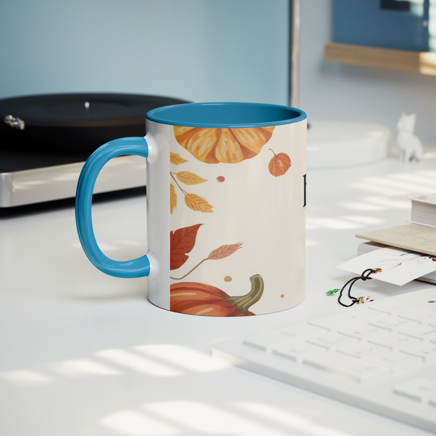 Happy_Fall_Mug_Blue_Handle_Lifestyle_Record_Player_Mockup.png