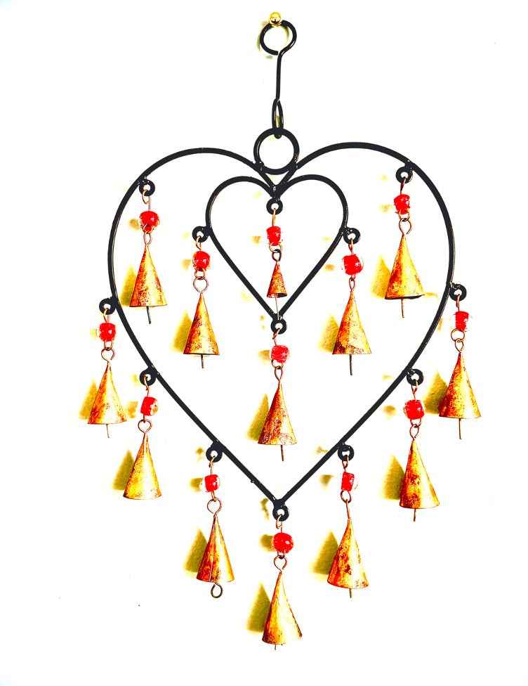 Heart Chime Hanging Brass Bells Handmade Eco Friendly Sacred Space Home Decor