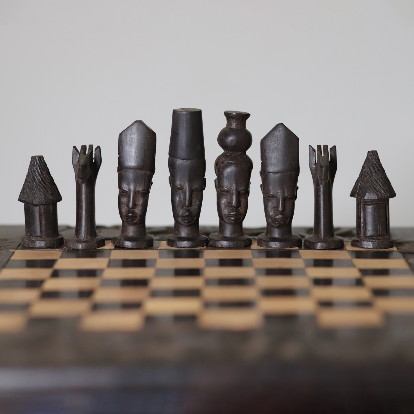 African Head Chess Set Handmade In Tanzania Ebony And Teak 2 Inch Tall